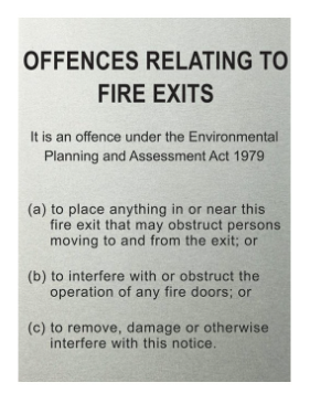 TRAFFOLYTE SIGN - OFFENCES FIRE EXITS 150 X 200